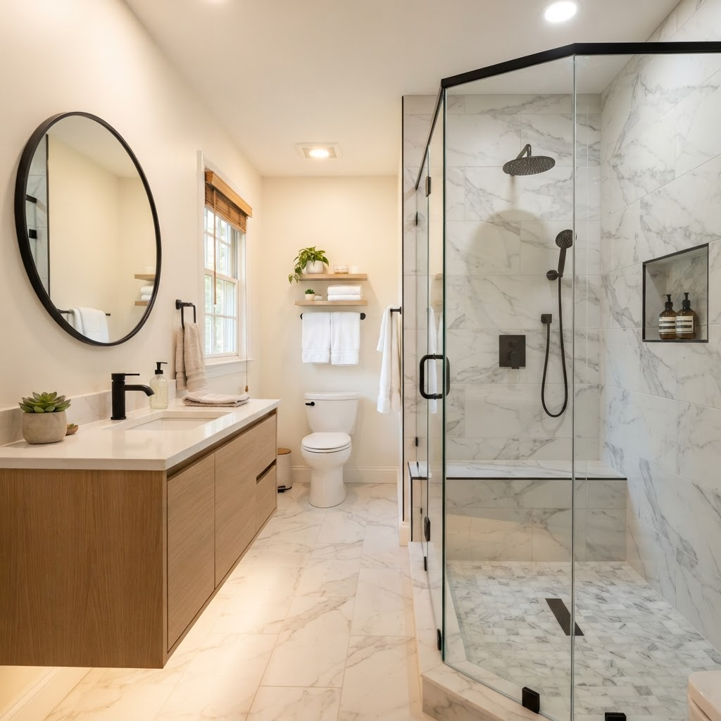 Remodeled bathroom with walk-in glass shower