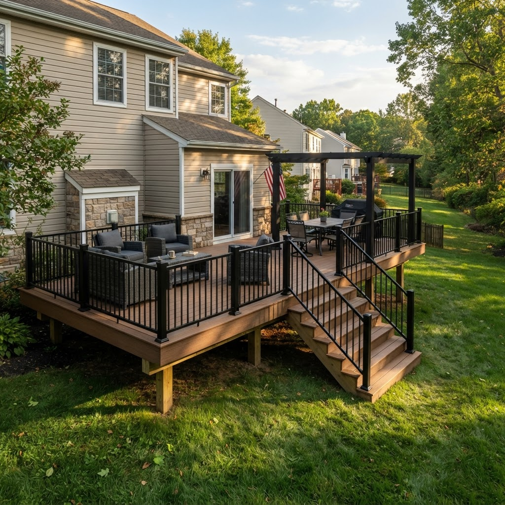 Newly built backyard composite deck