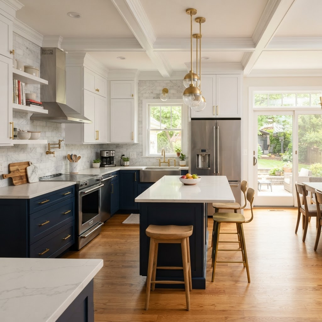 Renovated kitchen with navy cabinets and quartz counters